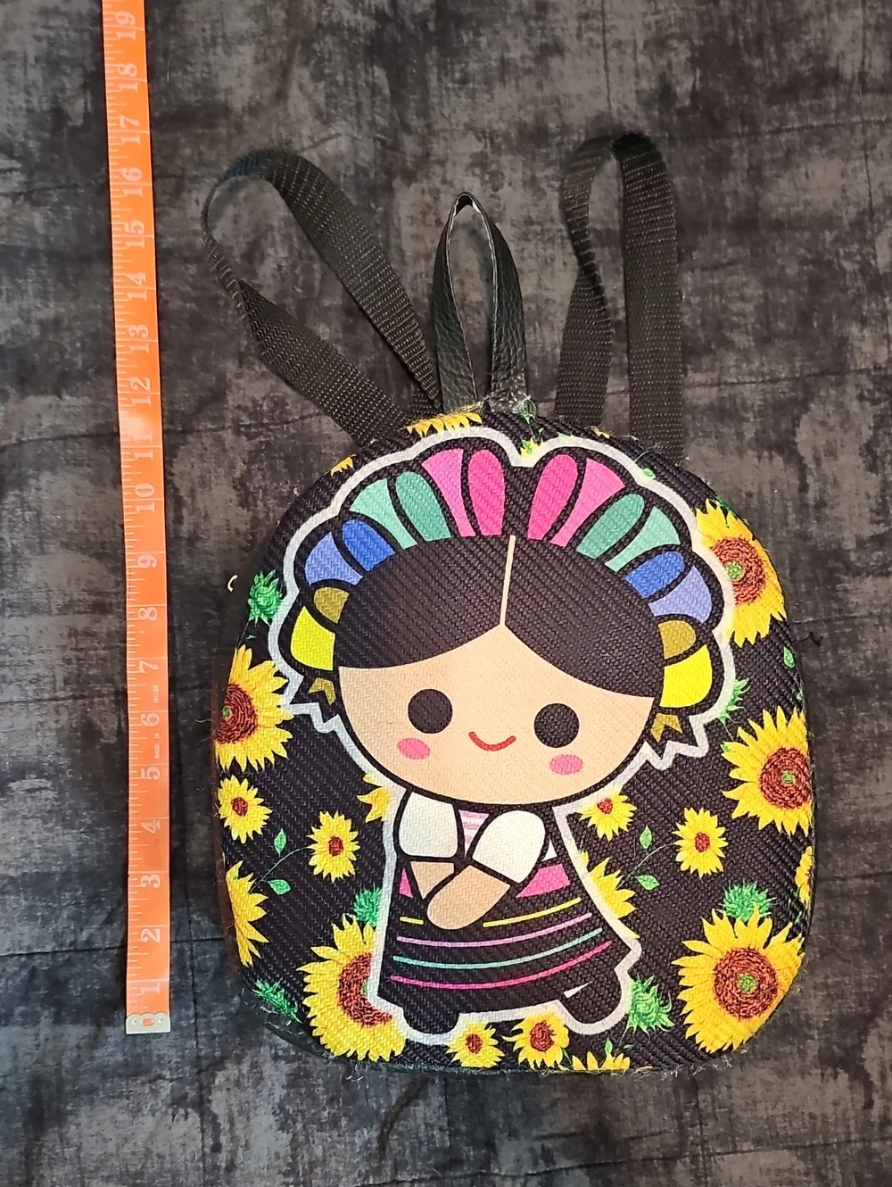 Cute Sunflower Doll Mini Backpack - Black with Multicolor